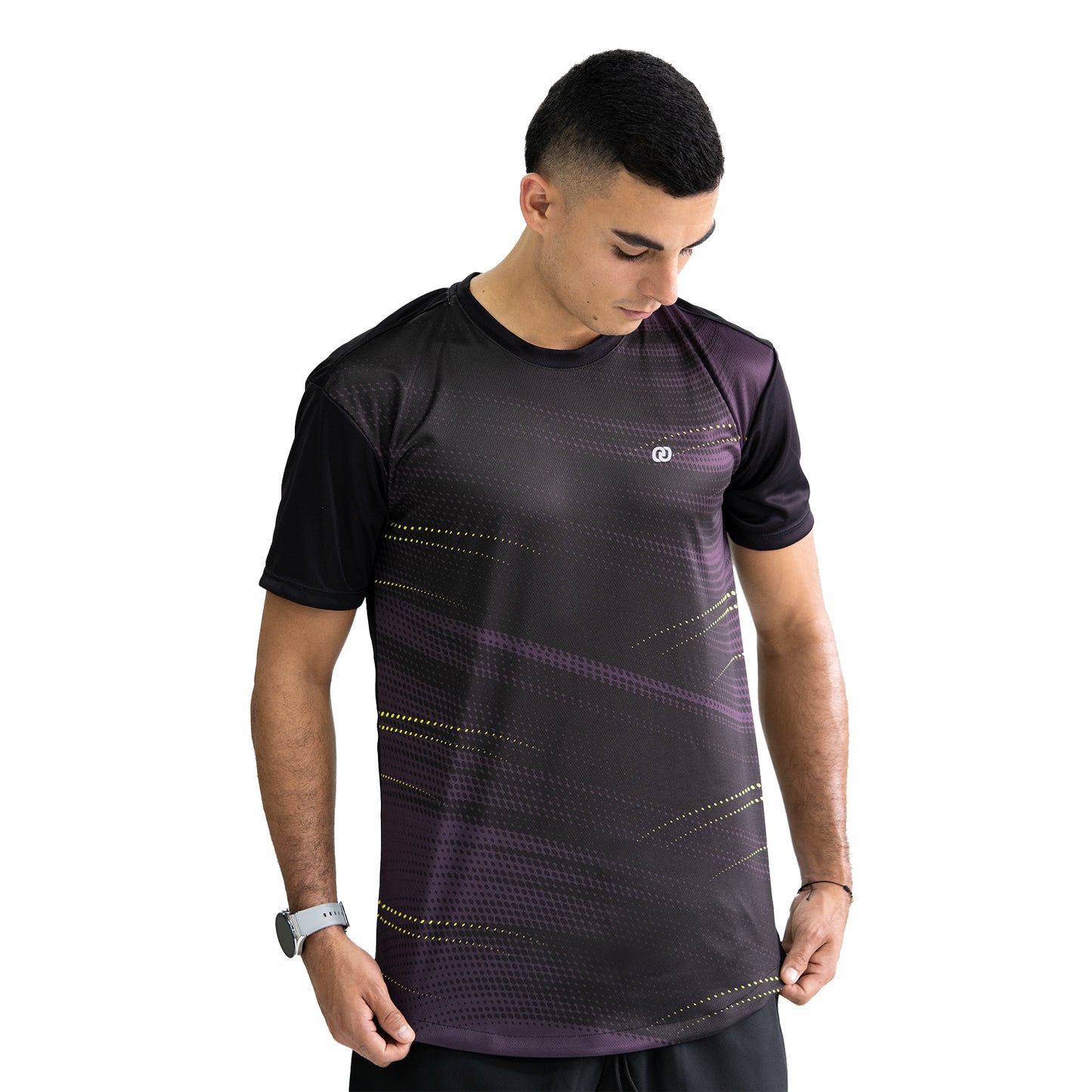 CAMISETA DEPORTIVA TEXTURAS MORADO CON NEGRO